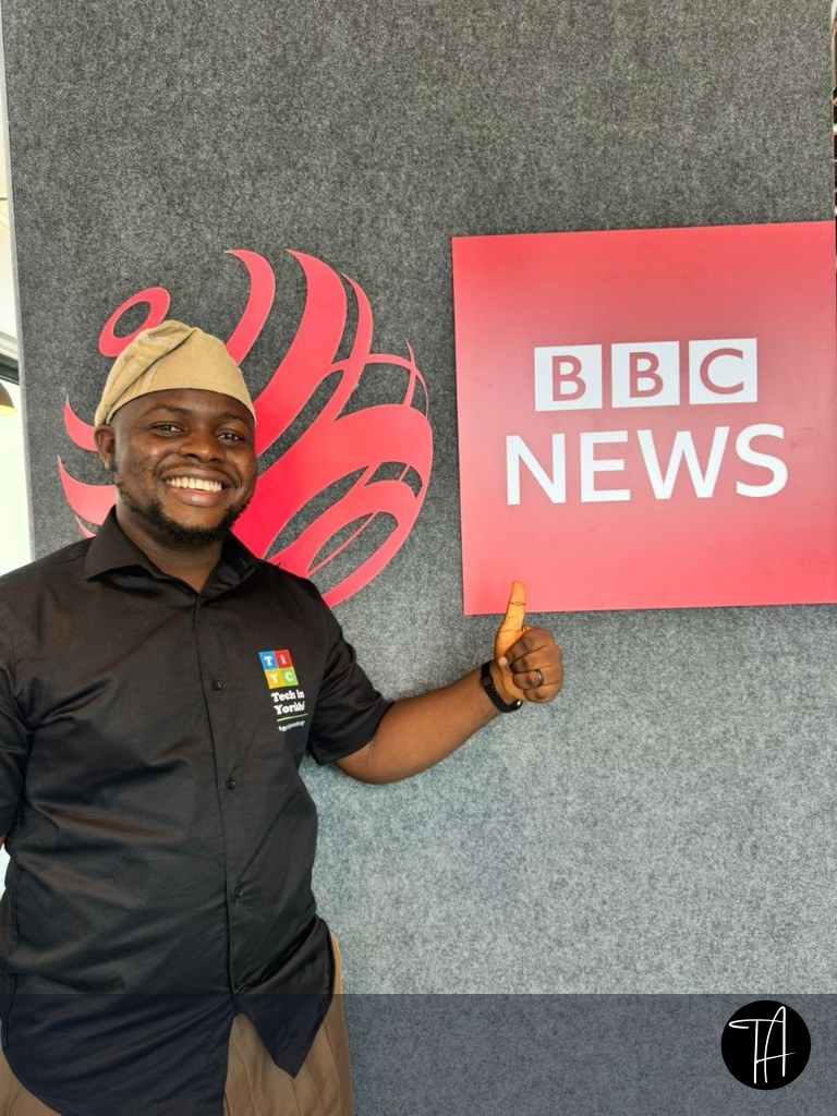 Theophilus Adegbohungbe at BBC News studio in Lagos wearing Tech in Yoruba